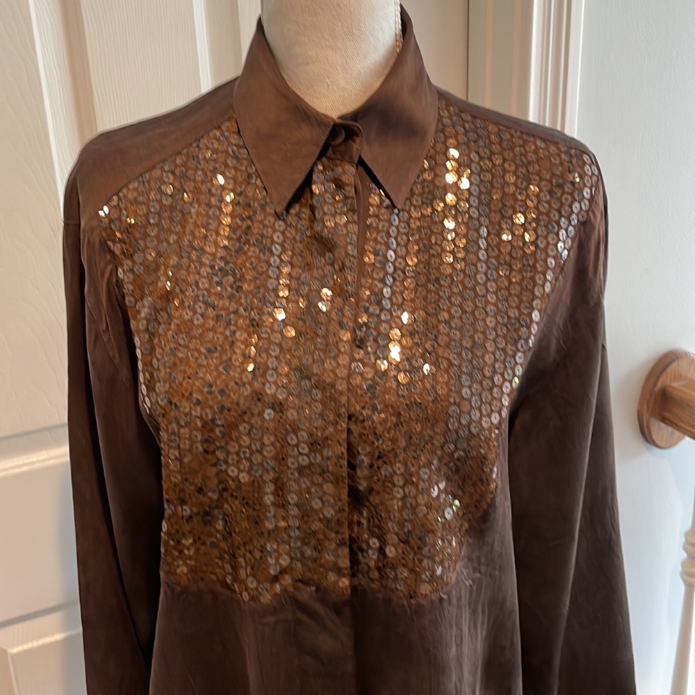 MONDI Espresso Silk Shirt w/ Sequin Embellishments on Front